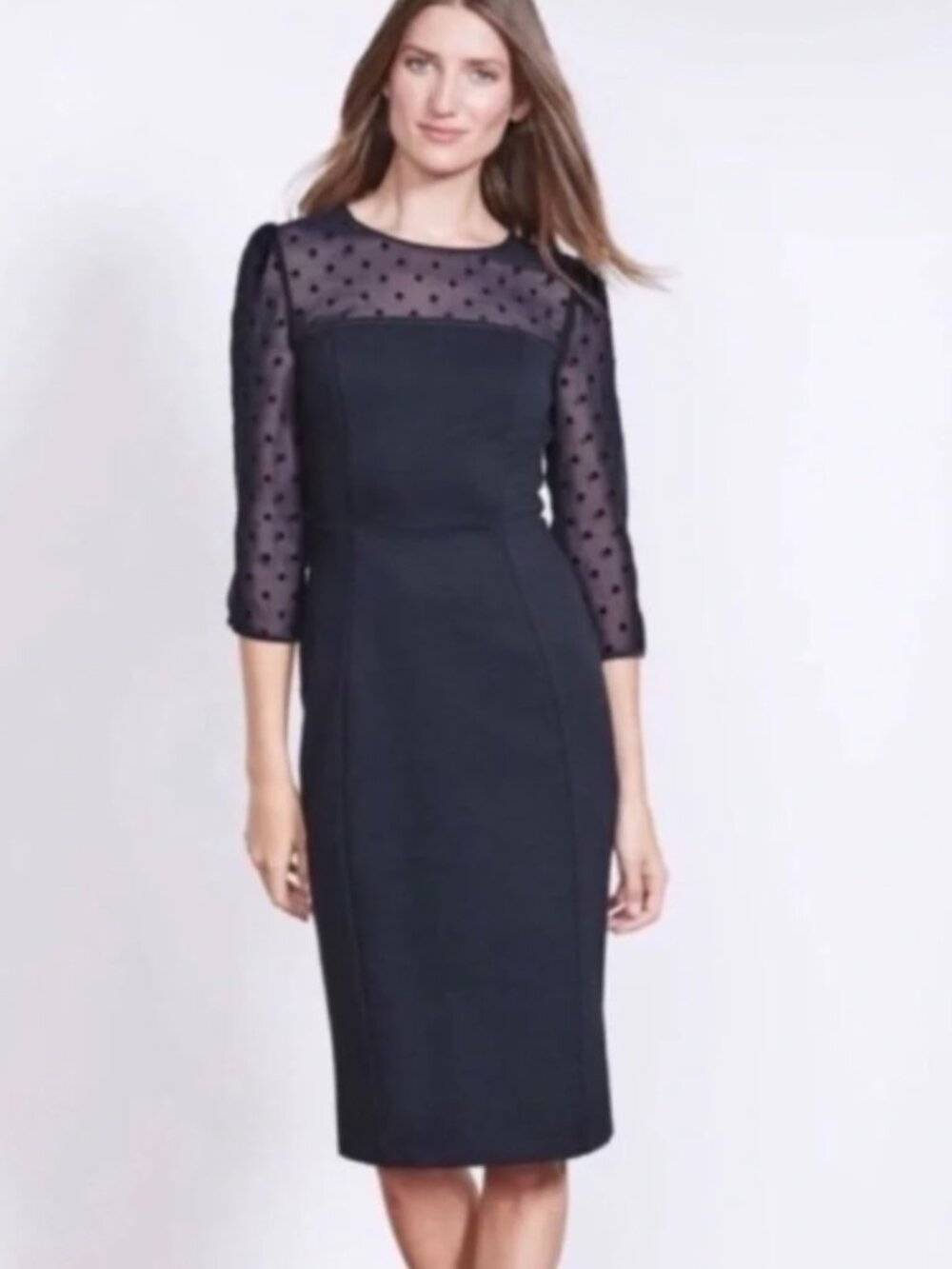 Boden Electra Ponte Midi Dress with Polka Dot Mesh Sleeves